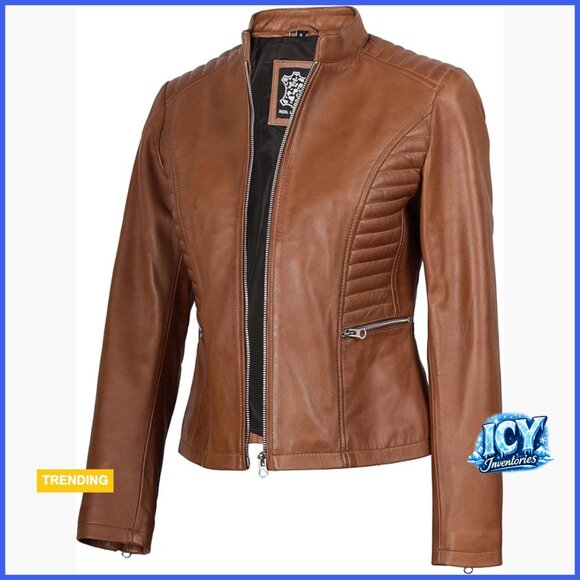 Real Lambskin Leather Jacket Women Cafe Racer Style Stand Collar